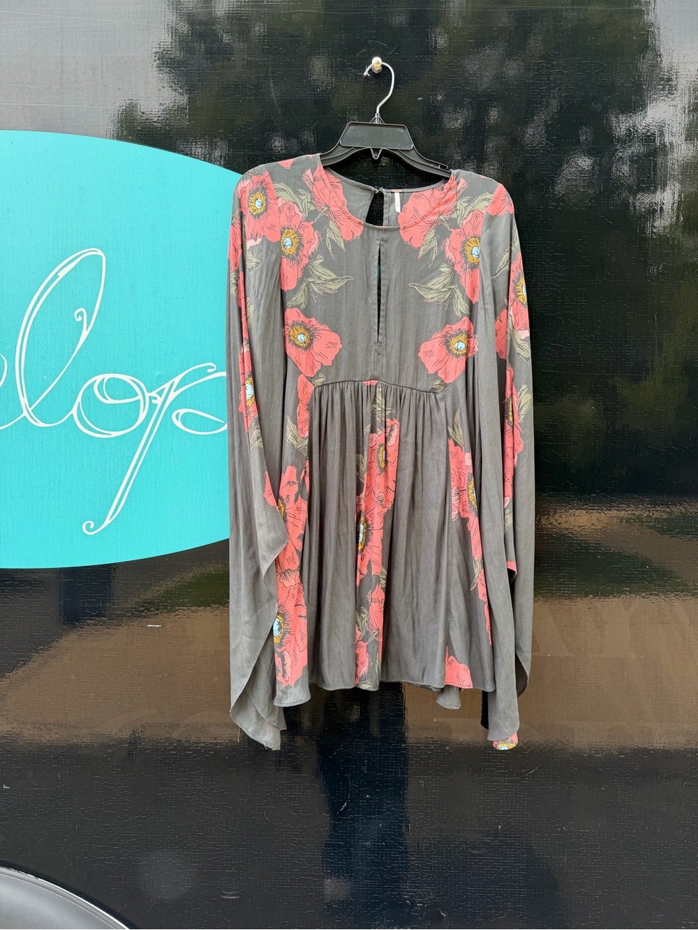 Free People Gray Blouse with Coral Floral Print
